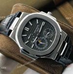 (PF Factory) Swiss Replica Patek Philippe Nautilus Moonphase Watch Black Dial Black Leather Strap